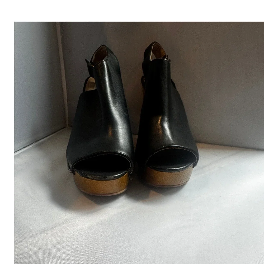 Steve Madden Tryffle Black Leather Studded Wood Wedge Slingback Sandals 6.5M Y2K
